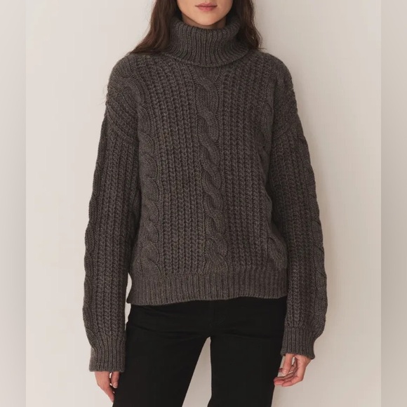Doen Leighton Merino Wool Cable Knit Turtle Mock Neck Sweater Dark Grey - Picture 5 of 10